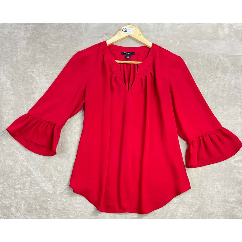 Roz & Ali Womens Petite Large Red Bell Sleeve Pleated Split Neck Blouse Top